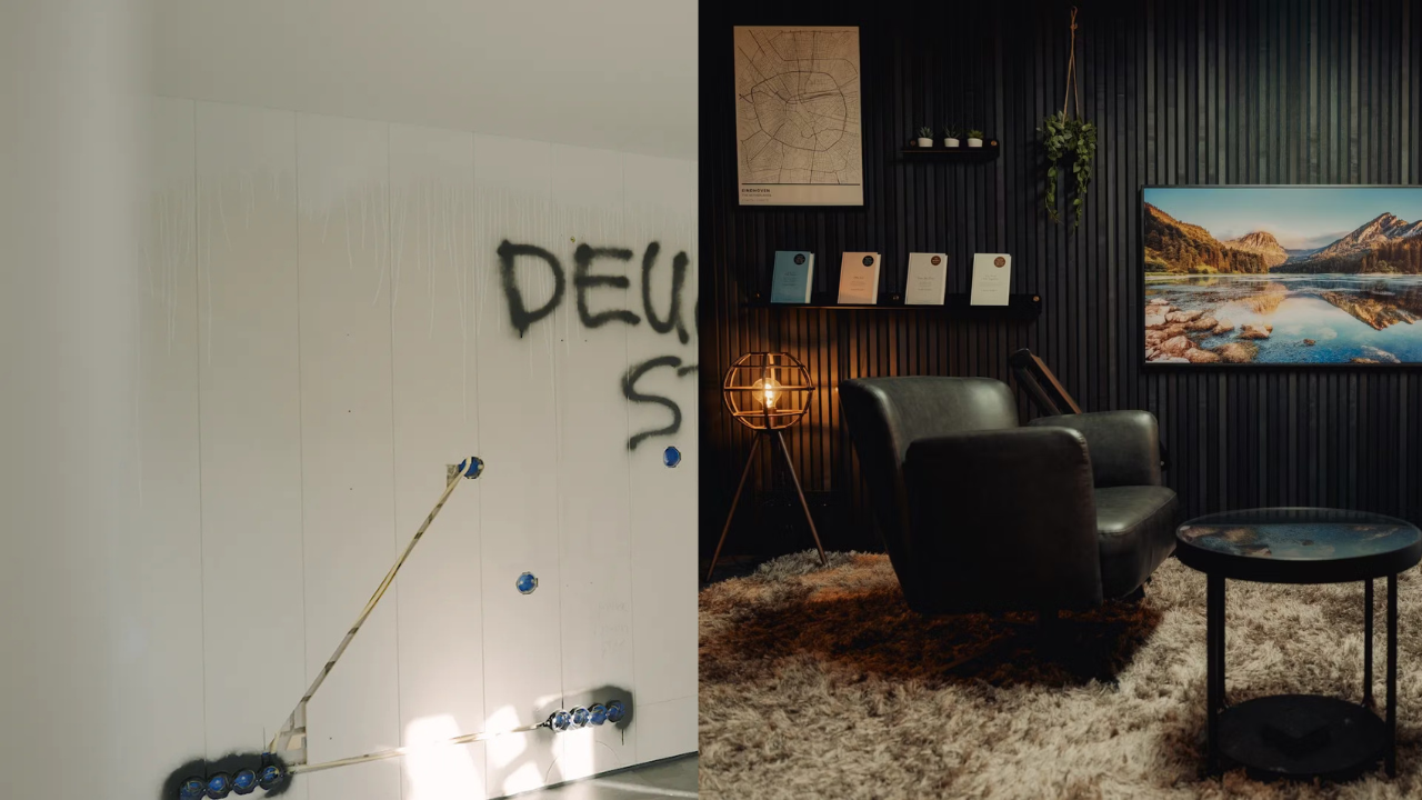 Splitbillede: til venstre en hvid væg med synlige ledninger og graffiti; til højre et moderne rum med nordisk indretning og en indbydende lænestol.