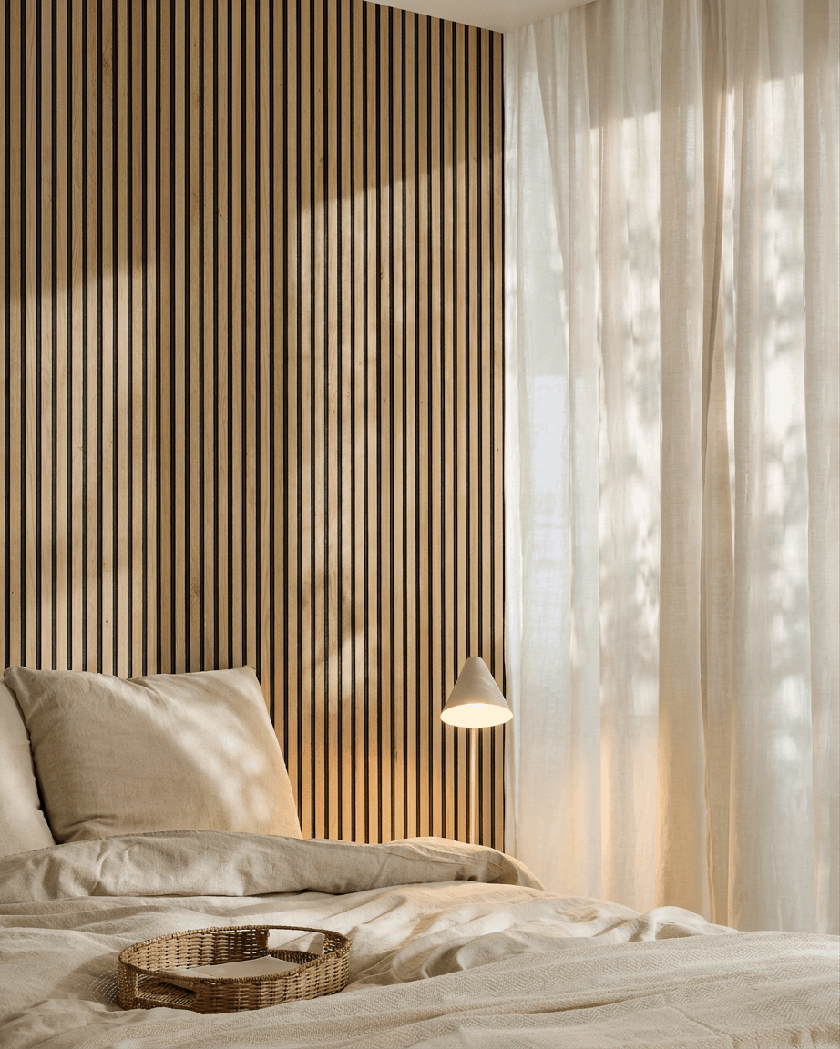 Minimalistisk skandinavisk soveværelse med beige sengetøj, WoodUpp Akupanel Natural Oak akustisk lamelvægspanel, fletbakke på sengen og lette, lysfiltrerende gardiner.