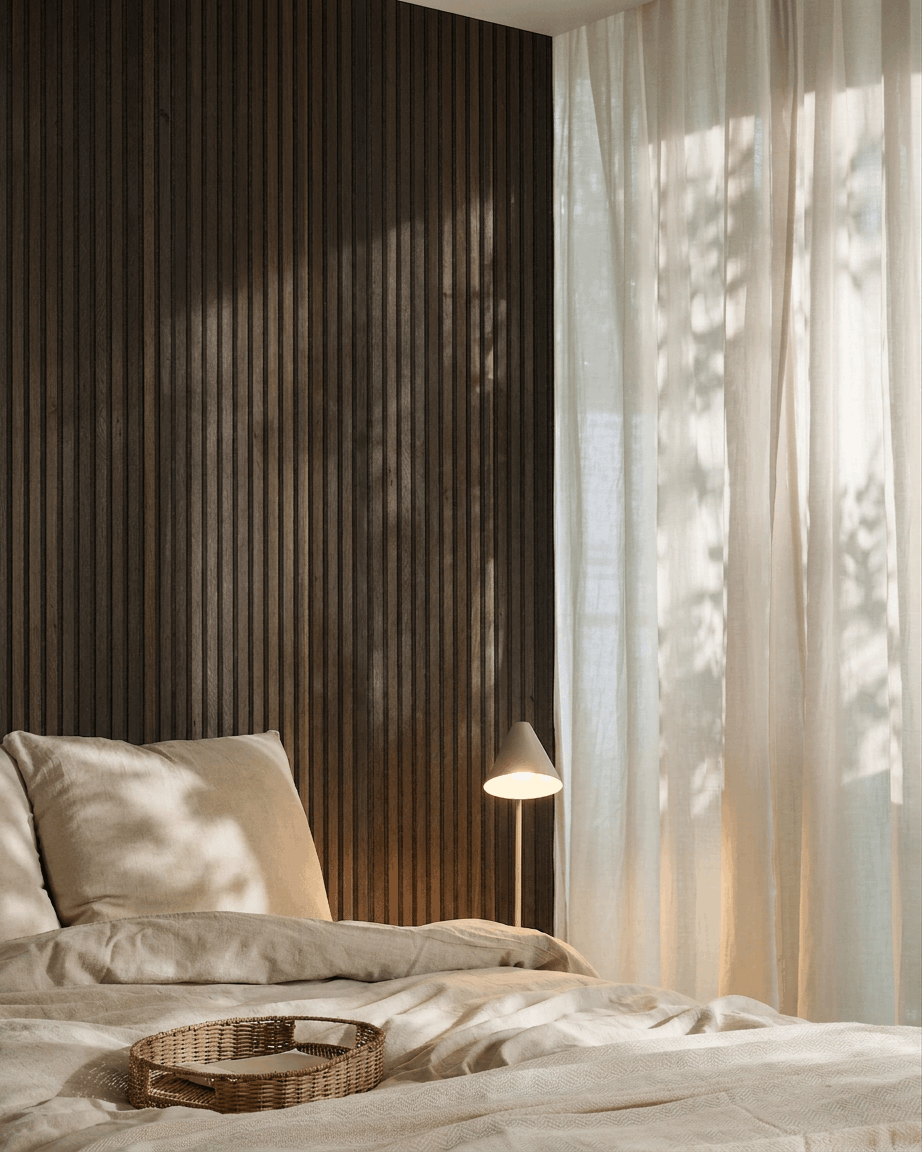 Seng med beige sengetøj ved siden af en WoodUpp Akupanel i rustik smoked oak; stylet med en bakke i flet, moderne lampe og solbelyste, transparente gardiner.