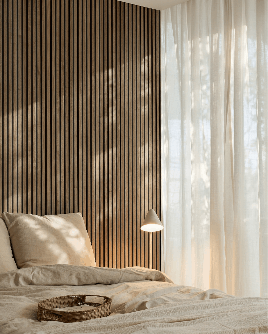 Minimalistisk skandinavisk soveværelse med en WoodUpp Akupanel akustisk lamelvæg i valnød, beige sengetøj, flettet bakke på sengen og transparente gardiner, der filtrerer det bløde lys.