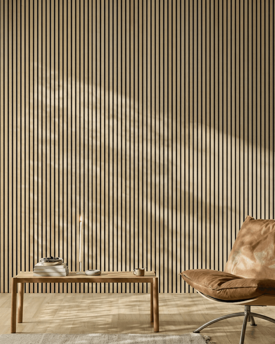 Minimalistisk rum med et WoodUpp Akupanel akustiktræpanel i Classic Oak, læderstol, træbord, stearinlys og sollys, der kaster skygger.