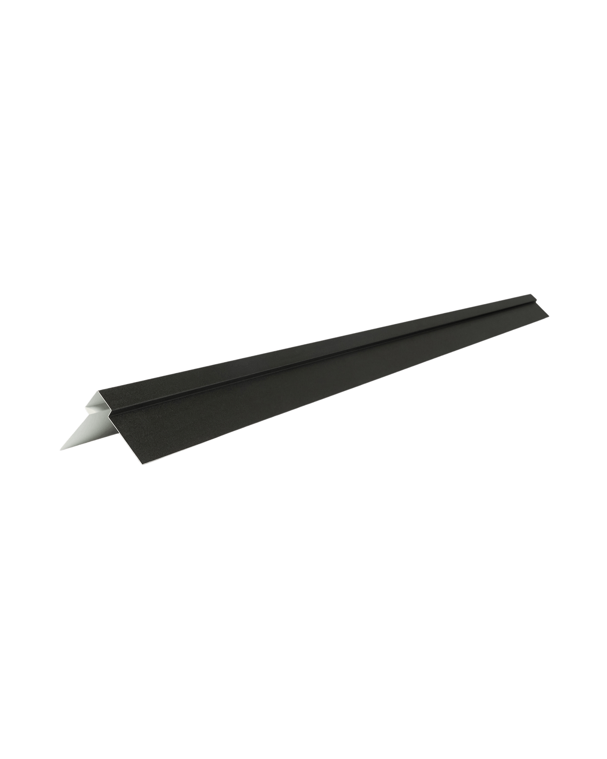 A long, black, V-shaped metal flashing with a white underside, suitable for integration with Aluwood outdoor facade panels in modern applications.