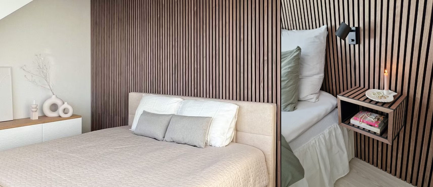 Et moderne soveværelse med en beige seng, neutrale puder og en Akupanel-væg i tekstureret træ bag et svævende natbord med bøger og en lille lampe.