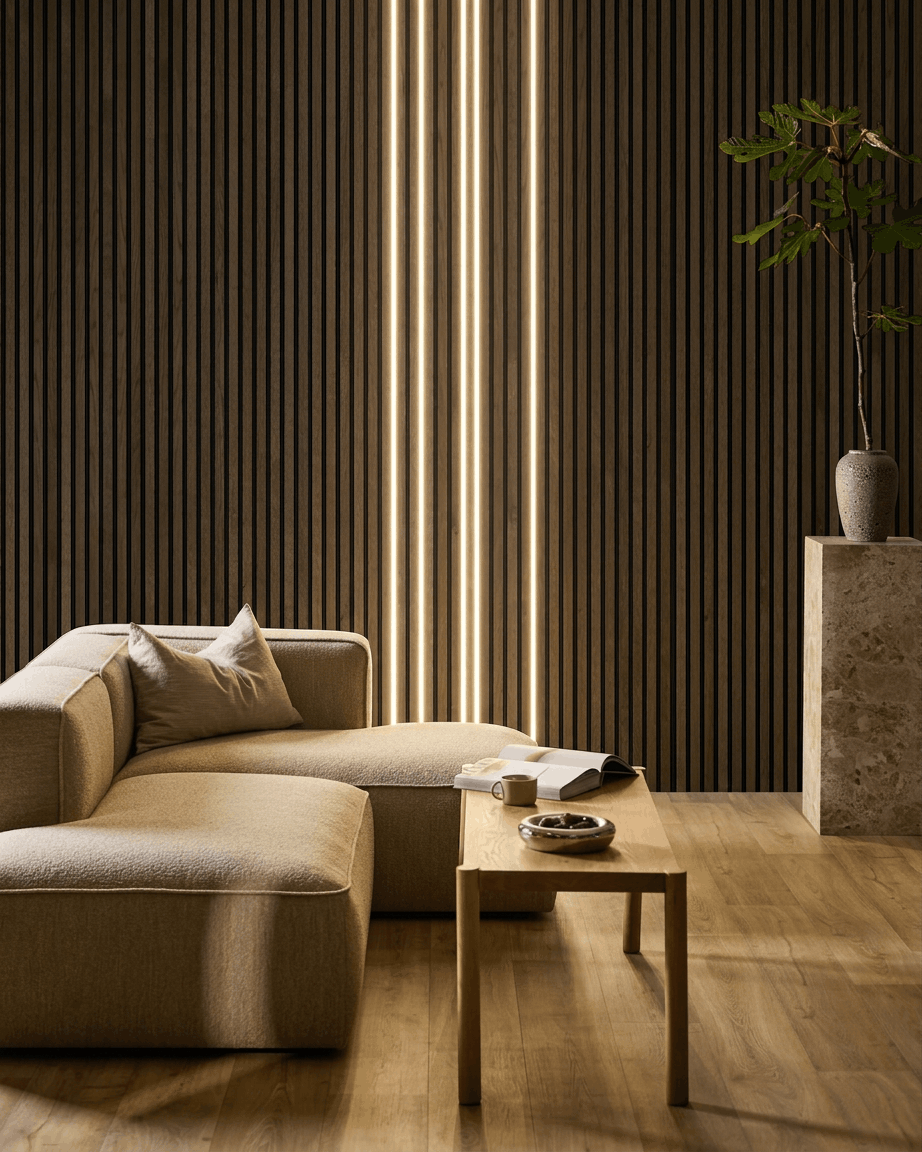 Minimalistisk stue med en beige sofa, sofabord i træ og en høj vase foran en væg med WoodUpp Akupanel akustiktræpanel, oplyst af Lumi LED-lysbånd.