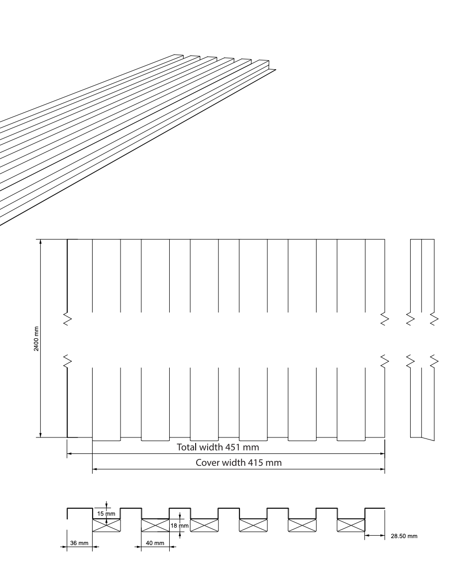 Teknisk tegning af et korrugeret facadepanel, der viser 451 mm bredde, 415 mm dækbredde, 28,50 mm højde og et detaljeret tværsnit til montering.