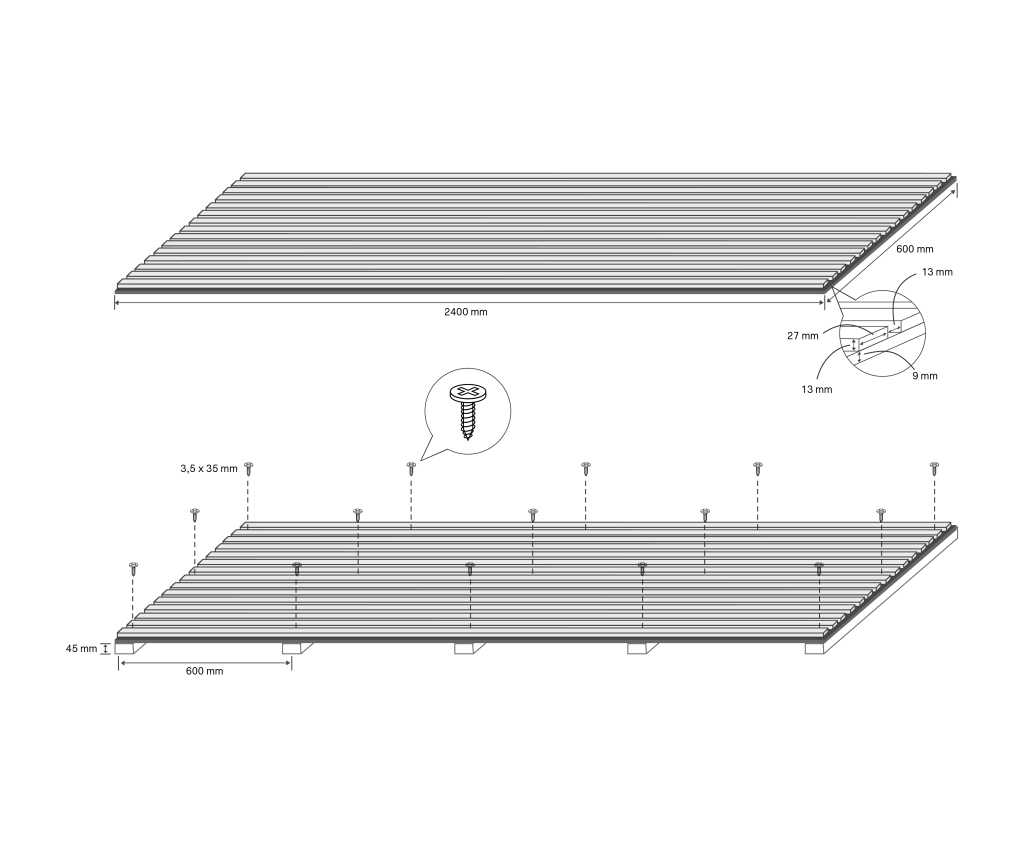 Specifications of the Akupanel | 240, displaying length, width, screw sizes and distances etc.